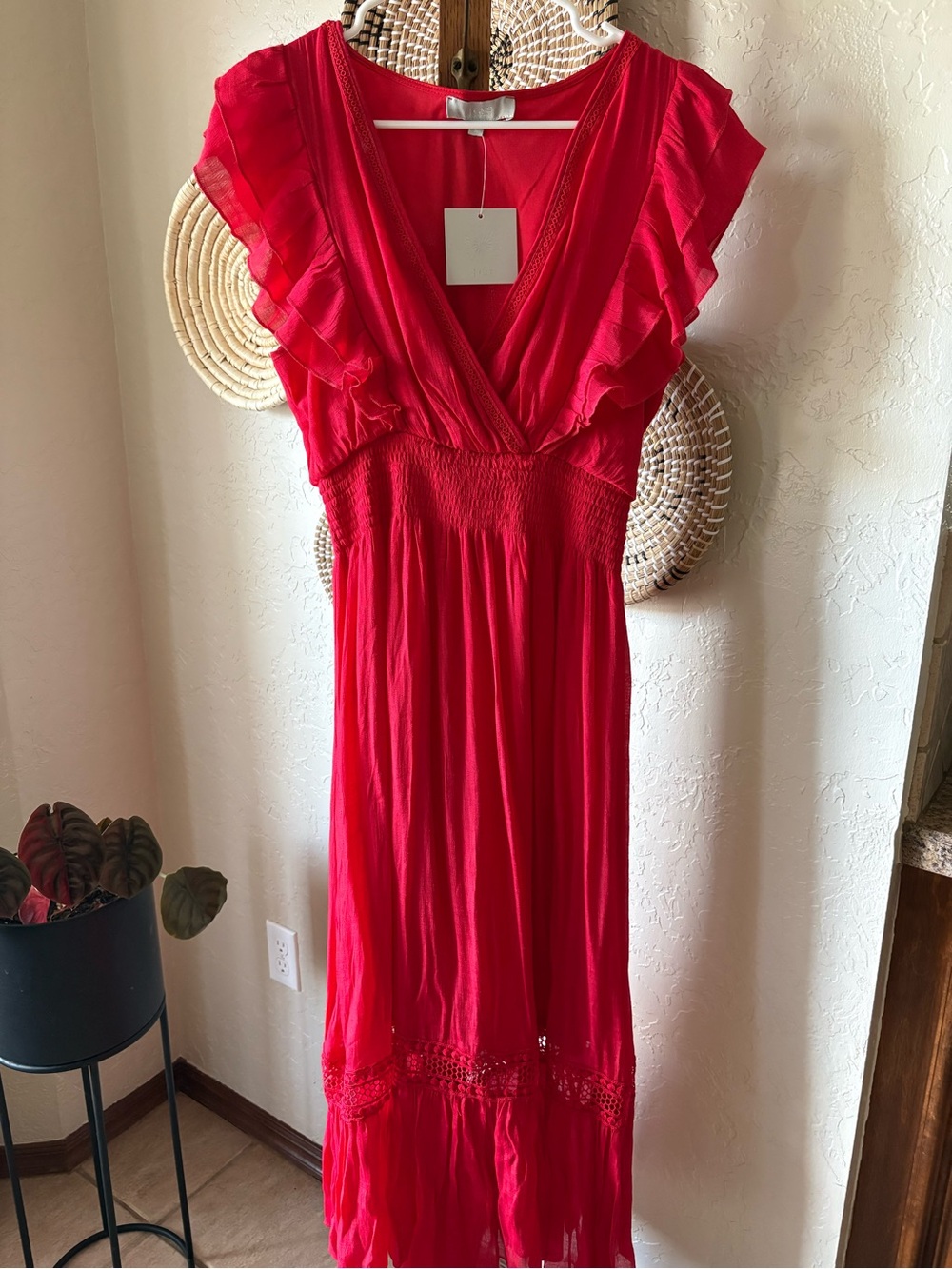 Bright Red Maxi Dress with Ruffle Sleeves